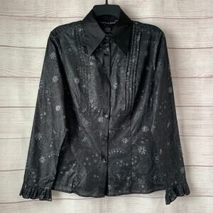 Antilia Femme Black and Silver Floral Shimer Button Up Shirt with Cutouts Size L